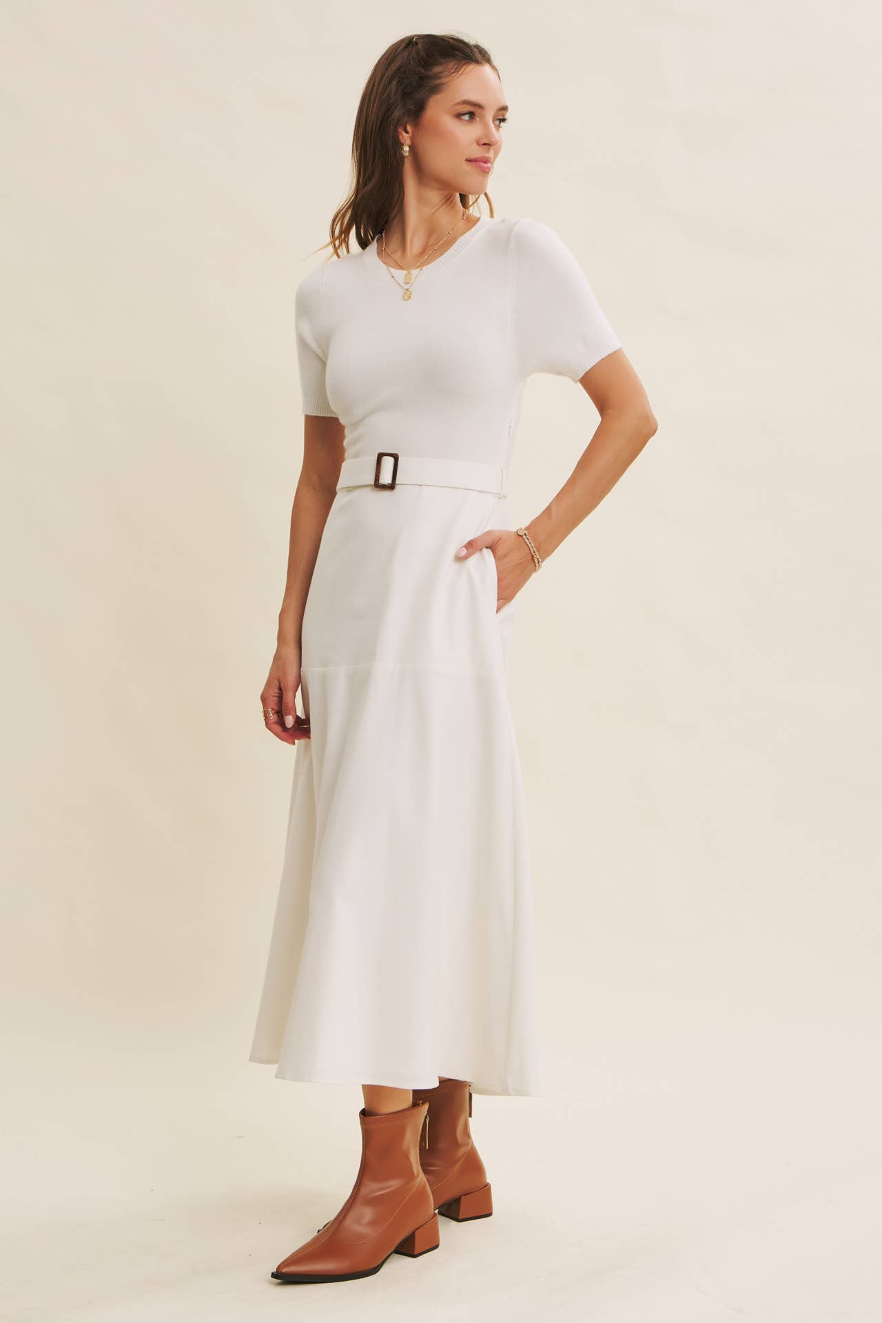 PHOTOGRAPHS LIKE A DREAM BELTED SWEATER TWOFER MIDI DRESS