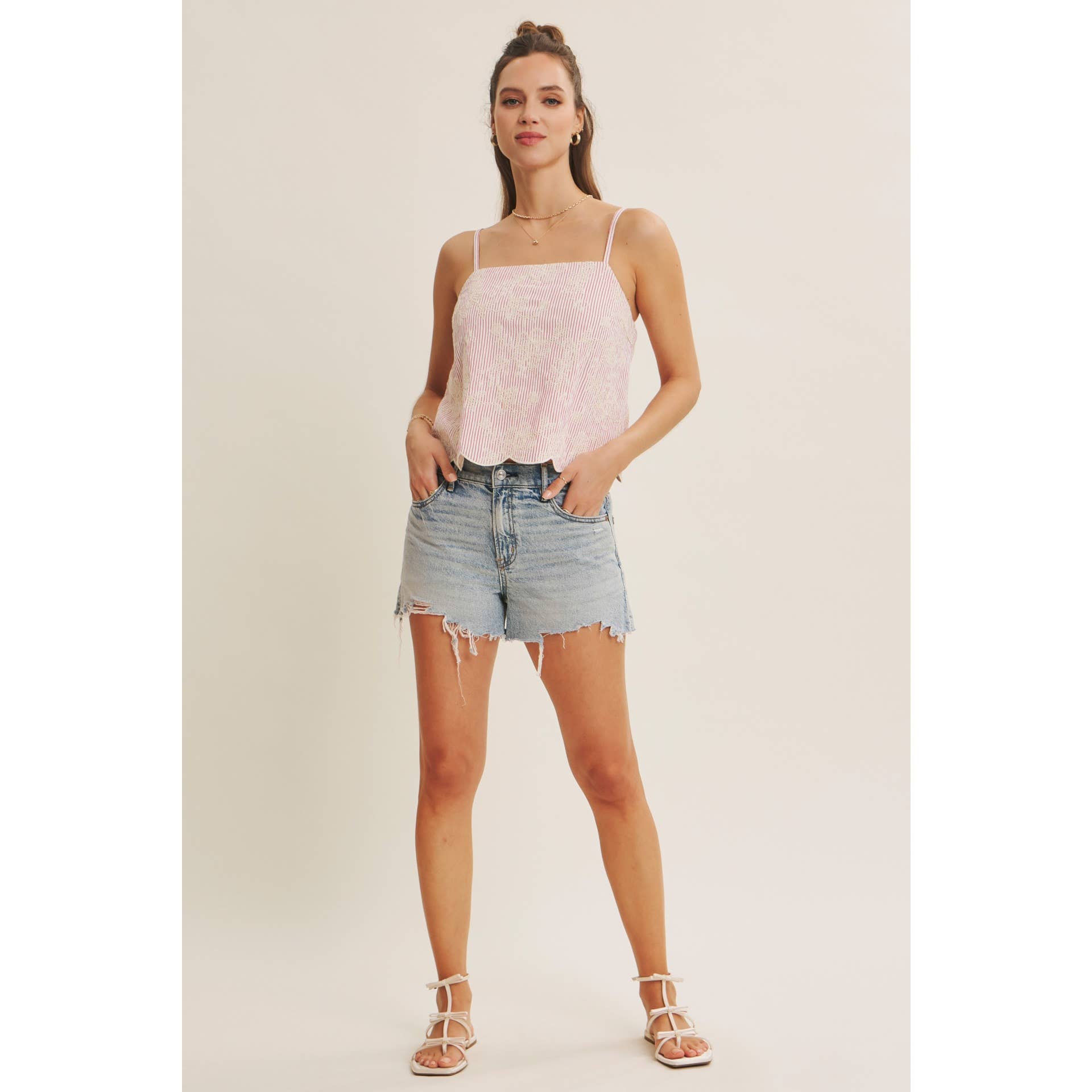 VERSATILE SUMMER STAPLE STRIPE EMBROIDERED SCALLOP TANK TOP