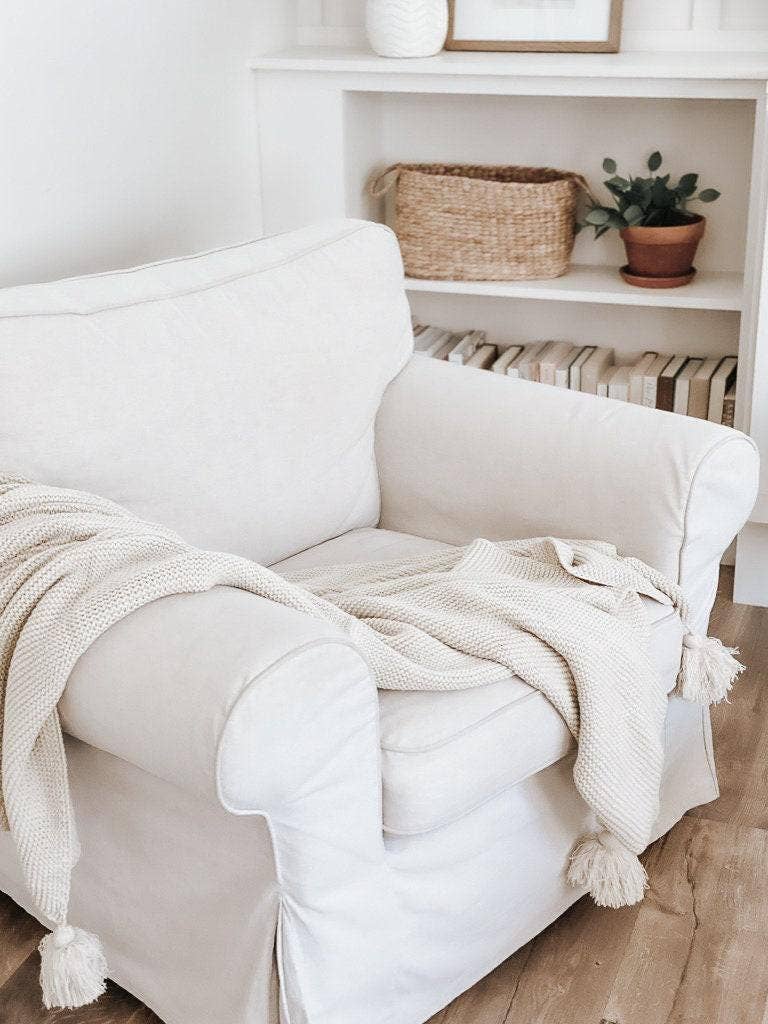 Knit Throw Blanket - Knit Throw Blanket With Tassels | Cozy: Cream
