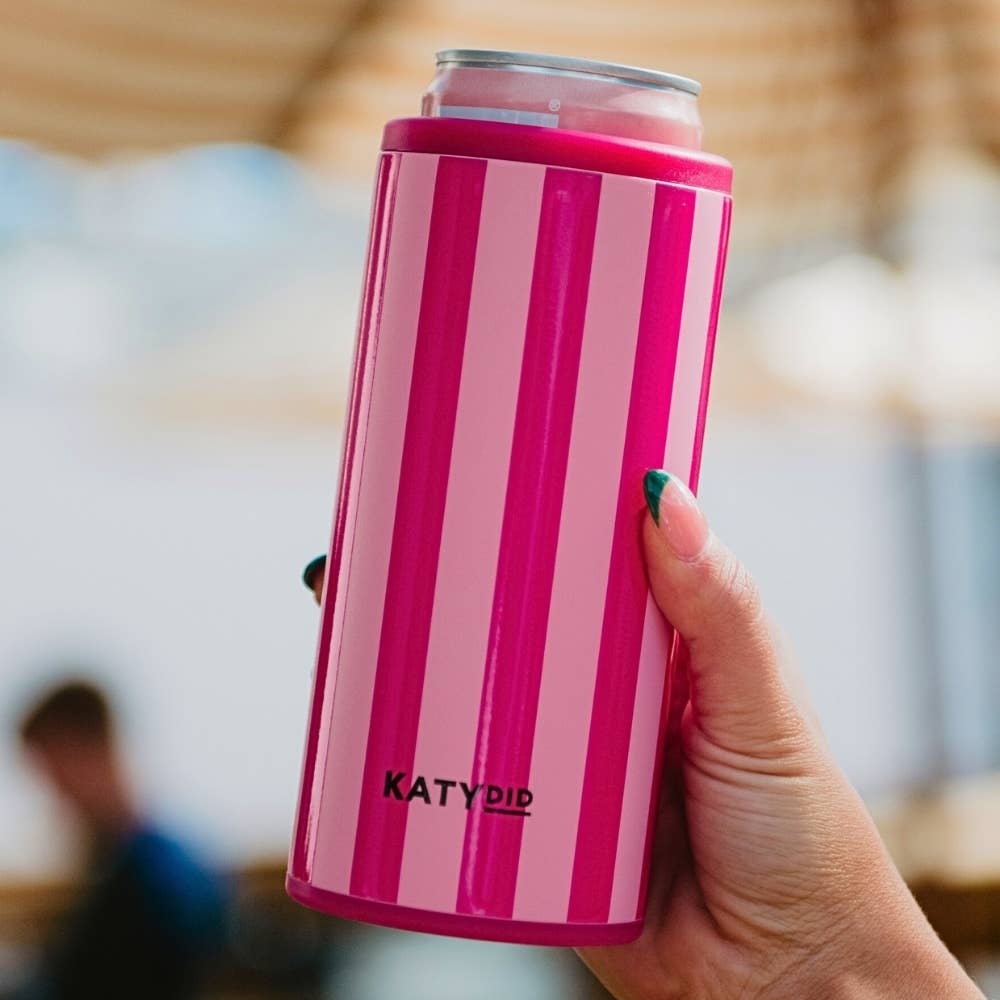 Pink and Hot Pink Striped Slim Can Cooler: Pink and Hot Pink