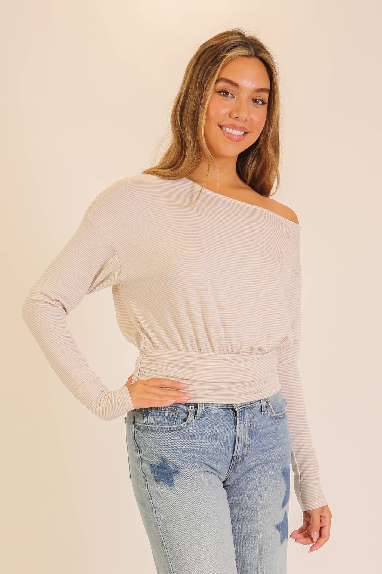 Striped One-Shoulder Ruched Waist Top