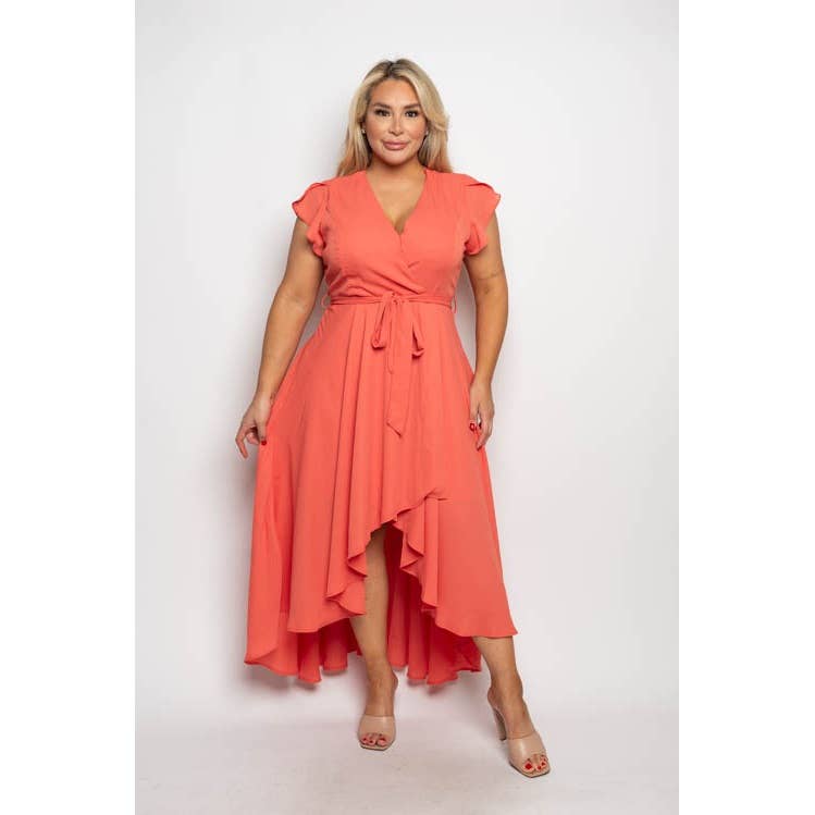 PLUS SIZE SURPLICE WRAP RUFFLE SLEEVE MIDI DRESS: Green / 2X