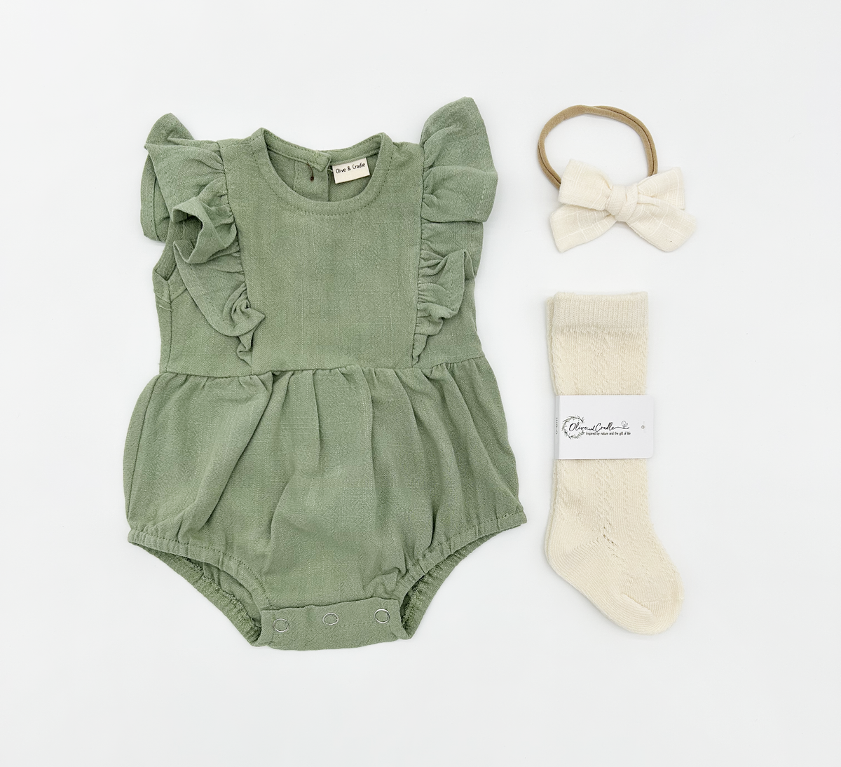 Gabriella Sleeveless Romper 3pc Set: Sage / 6-9 months
