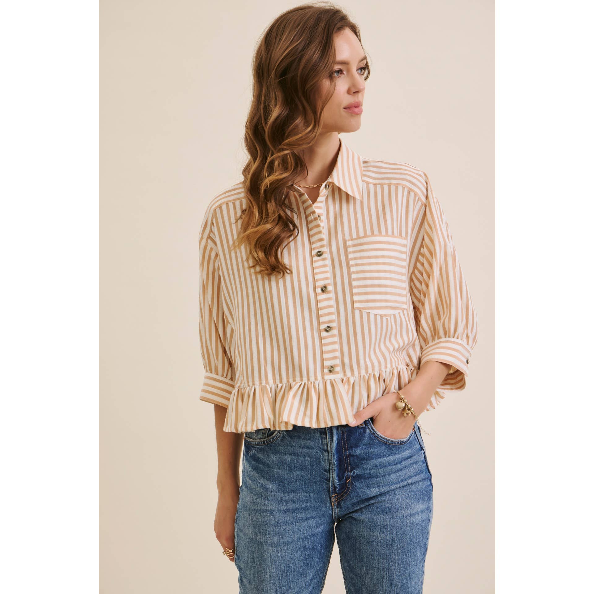 YEAR-ROUND CLASSIC COTTON STRIPE BUTTON-DOWN PEPLUM SHIRT: CLOVER GREEN / L