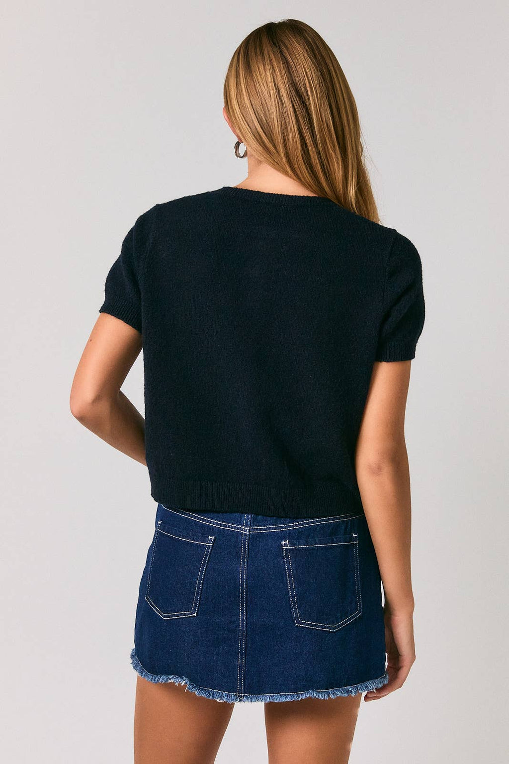 SHORT SLEEVE CREW NECK CROP SWEATER TOP: NAVY / L
