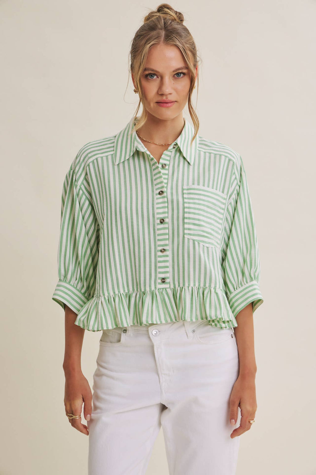 YEAR-ROUND CLASSIC COTTON STRIPE BUTTON-DOWN PEPLUM SHIRT: CLOVER GREEN / L