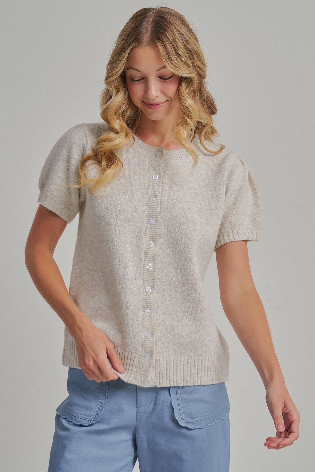 SHORT SLEEVE RELAXED FIT CARDIGAN _JLT00295-01: OATMEAL / S-M-L(2-2-2)