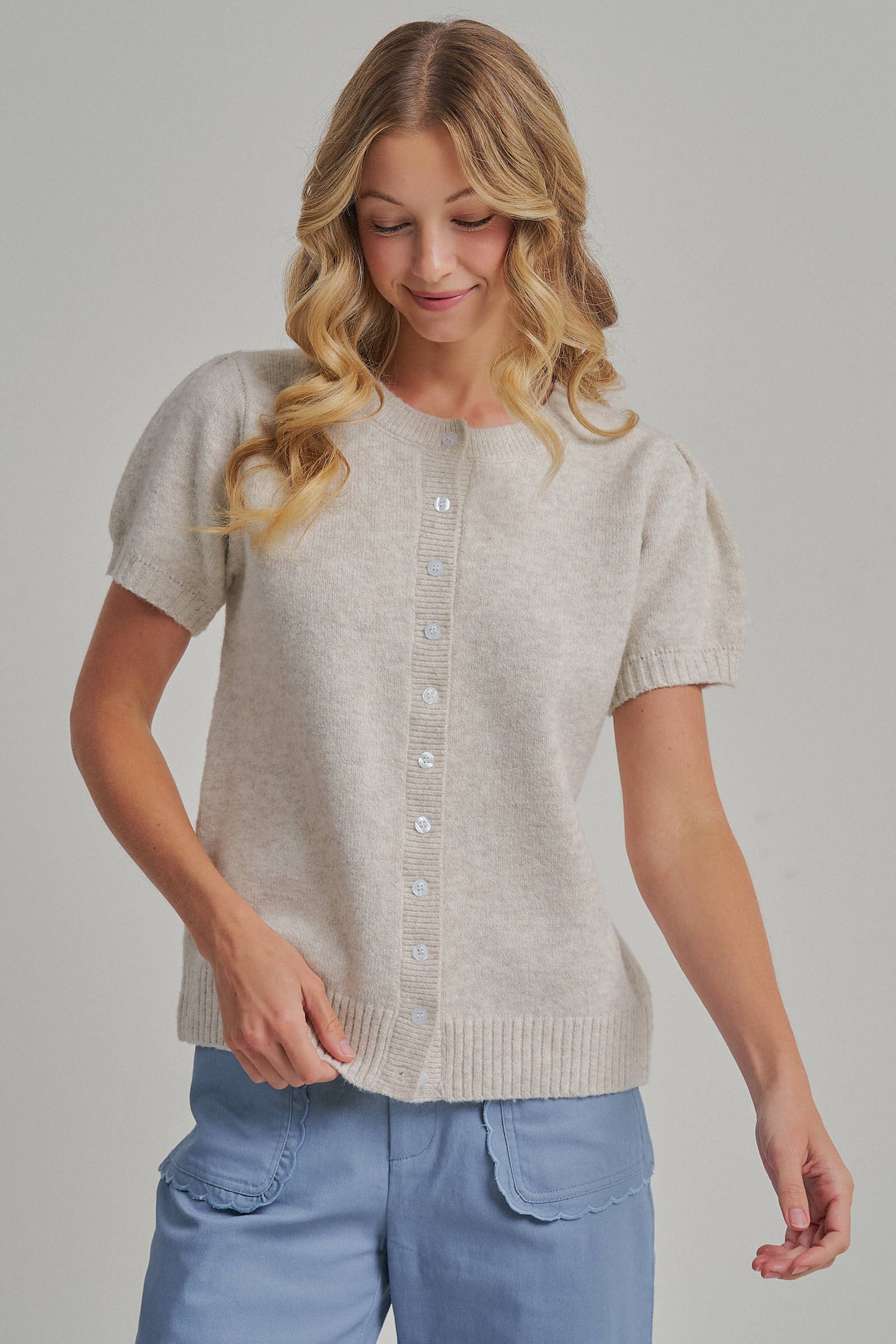 SHORT SLEEVE RELAXED FIT CARDIGAN _JLT00295-01: OATMEAL / S-M-L(2-2-2)