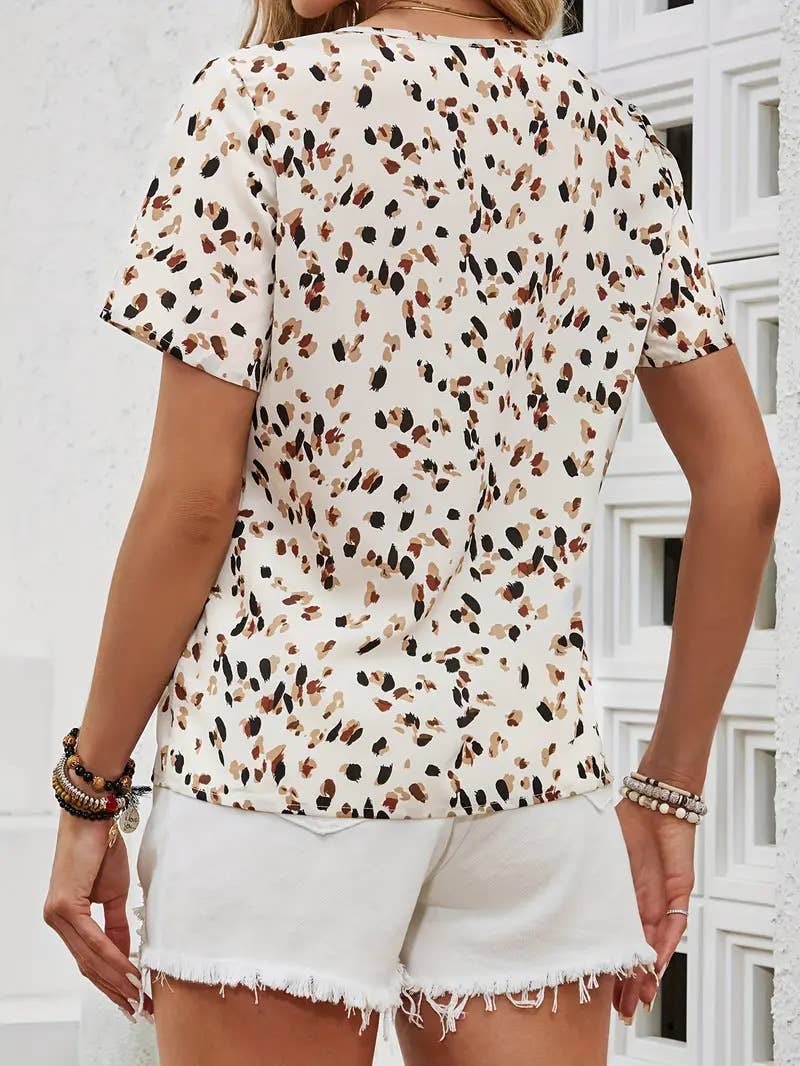 Leopard Print Split Neck Short Sleeve Blouse