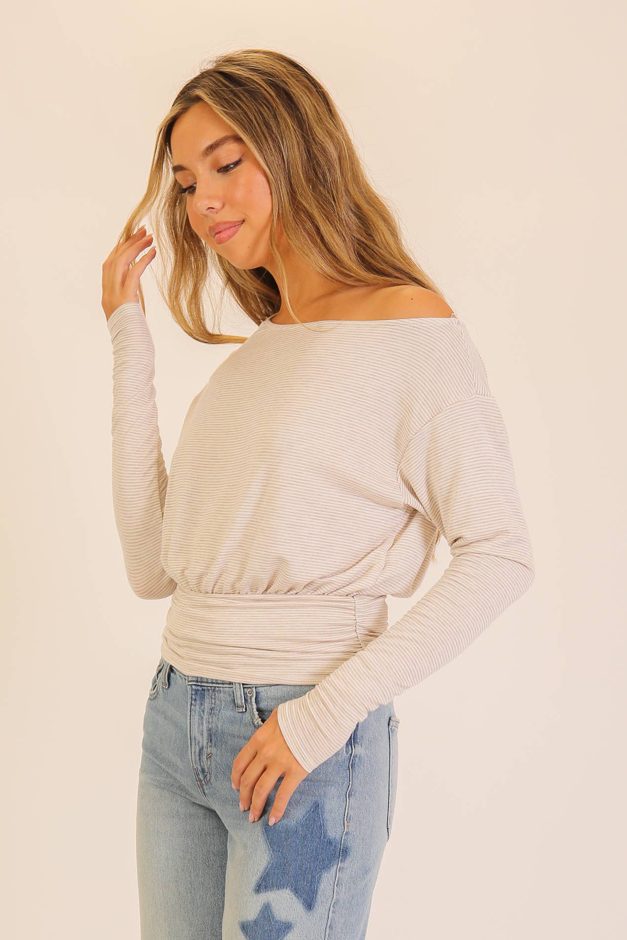 Striped One-Shoulder Ruched Waist Top