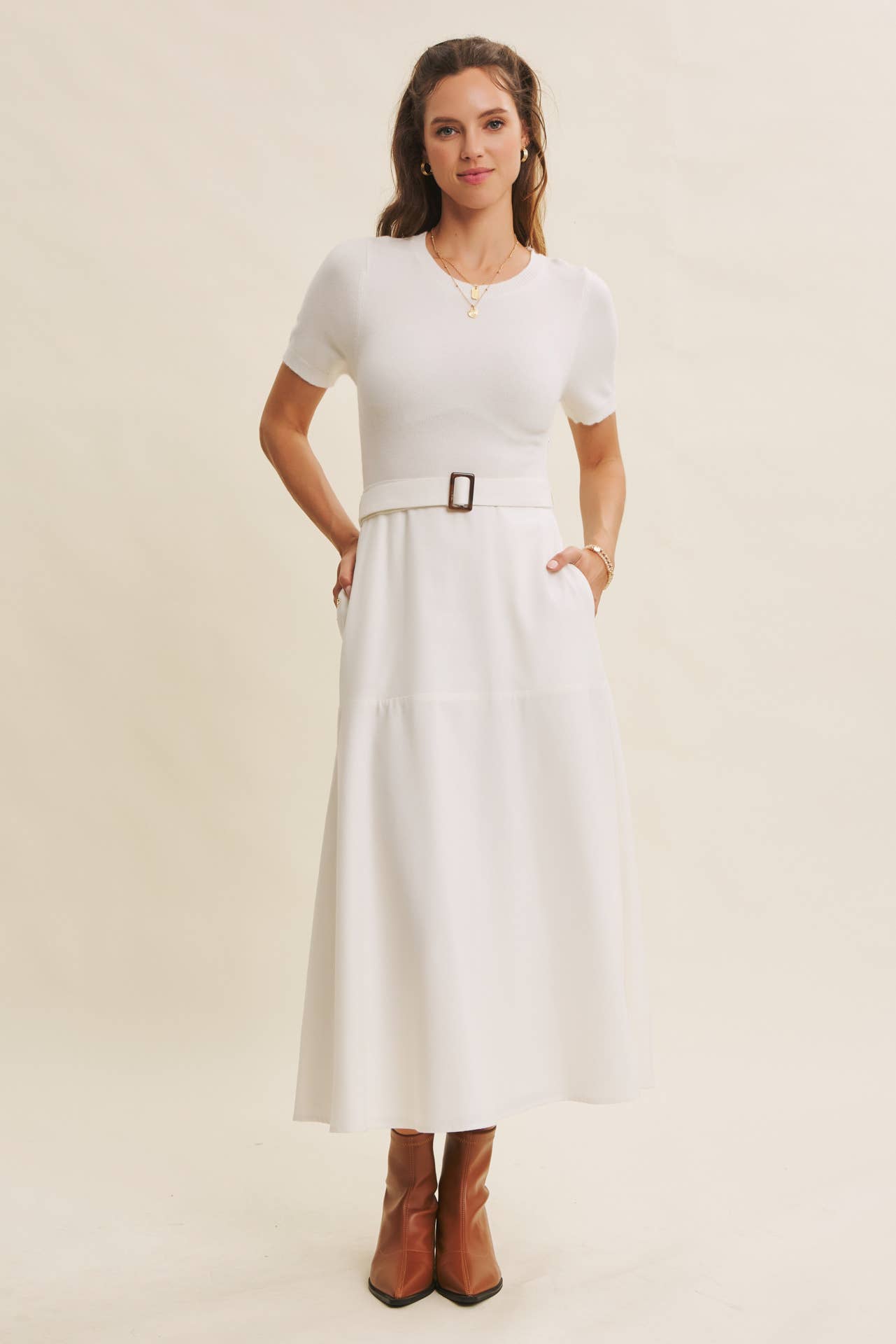 PHOTOGRAPHS LIKE A DREAM BELTED SWEATER TWOFER MIDI DRESS