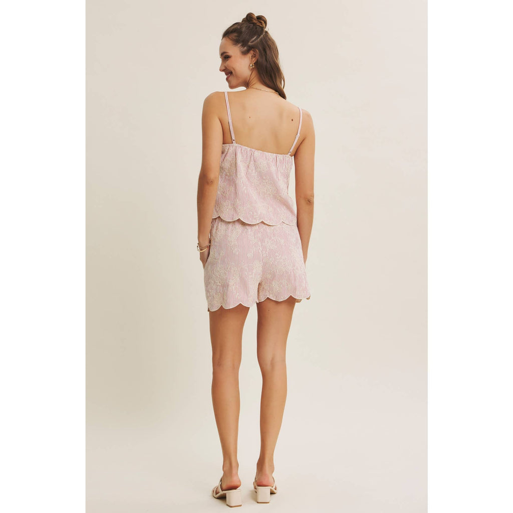 VERSATILE SUMMER STAPLE STRIPE EMBROIDERED SCALLOP TANK TOP