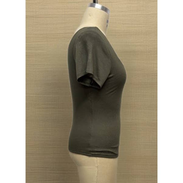 PLUS SIZE RIB SQUARE NECK SHORT SLEEVE KNIT TOP: Olive / 3X