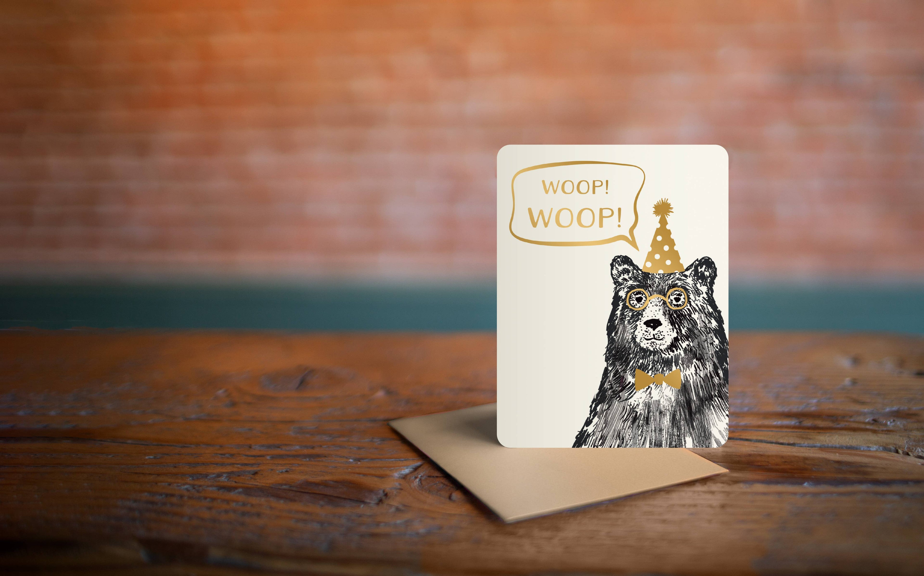 Woop Woop Bear Wearing Party Hat and Glasses Birthday Card