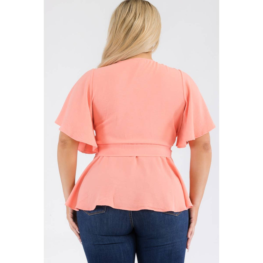 PLUS SIZE SURPLICE TIE WAIST PEPLUM BLOUSE: Black / 3X