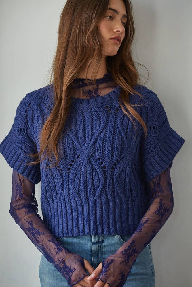 W1124 | Knit Sweater Crochet Round Neck Short Sleeve Top: Taupe / Medium