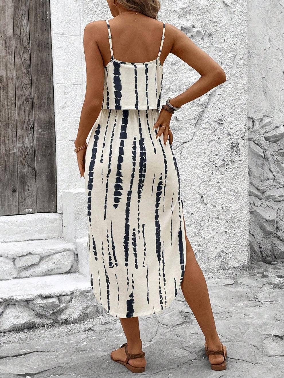 Printed Spaghetti Strap Layered Bodice Midi Dress