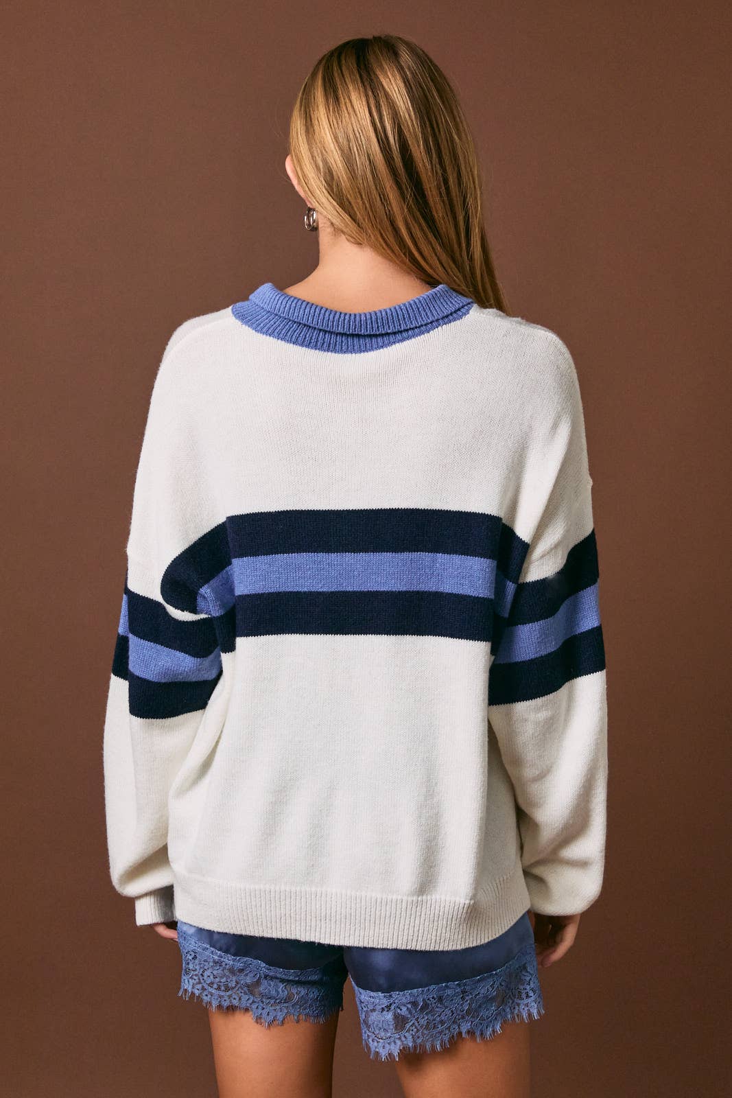RUGBY KNIT SWEATER TOP: WHITE-DUSTY BLUE / S