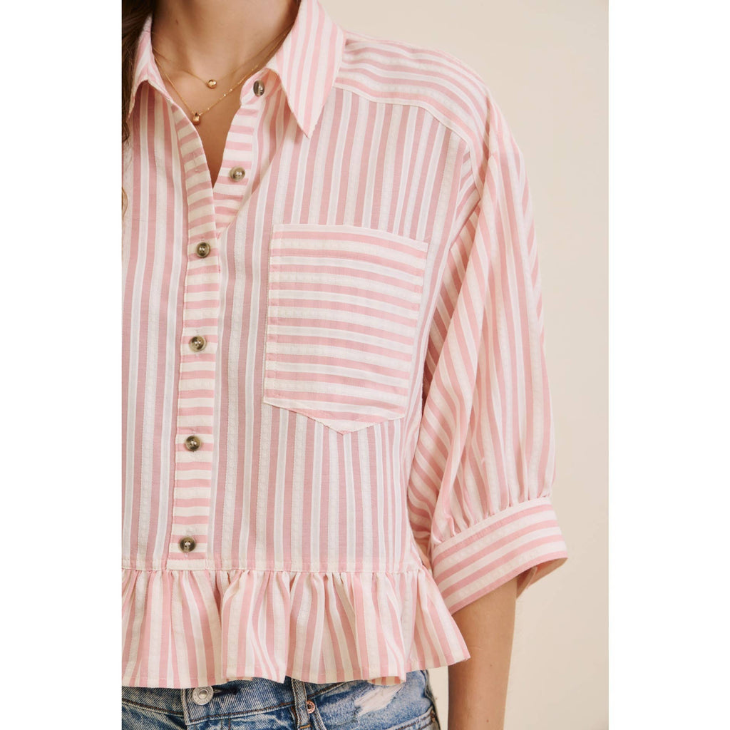 YEAR-ROUND CLASSIC COTTON STRIPE BUTTON-DOWN PEPLUM SHIRT: CLOVER GREEN / S