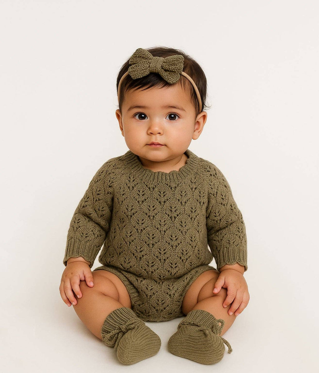 Willow Lacy Romper: Romper + Booties + Bonnet / PREEMIE