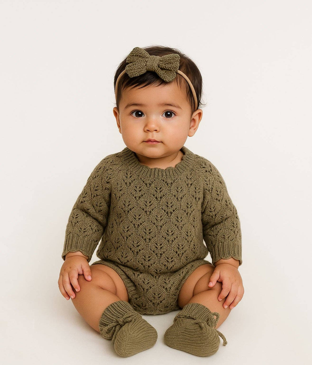 Willow Lacy Romper: Romper + Booties + Bonnet / PREEMIE