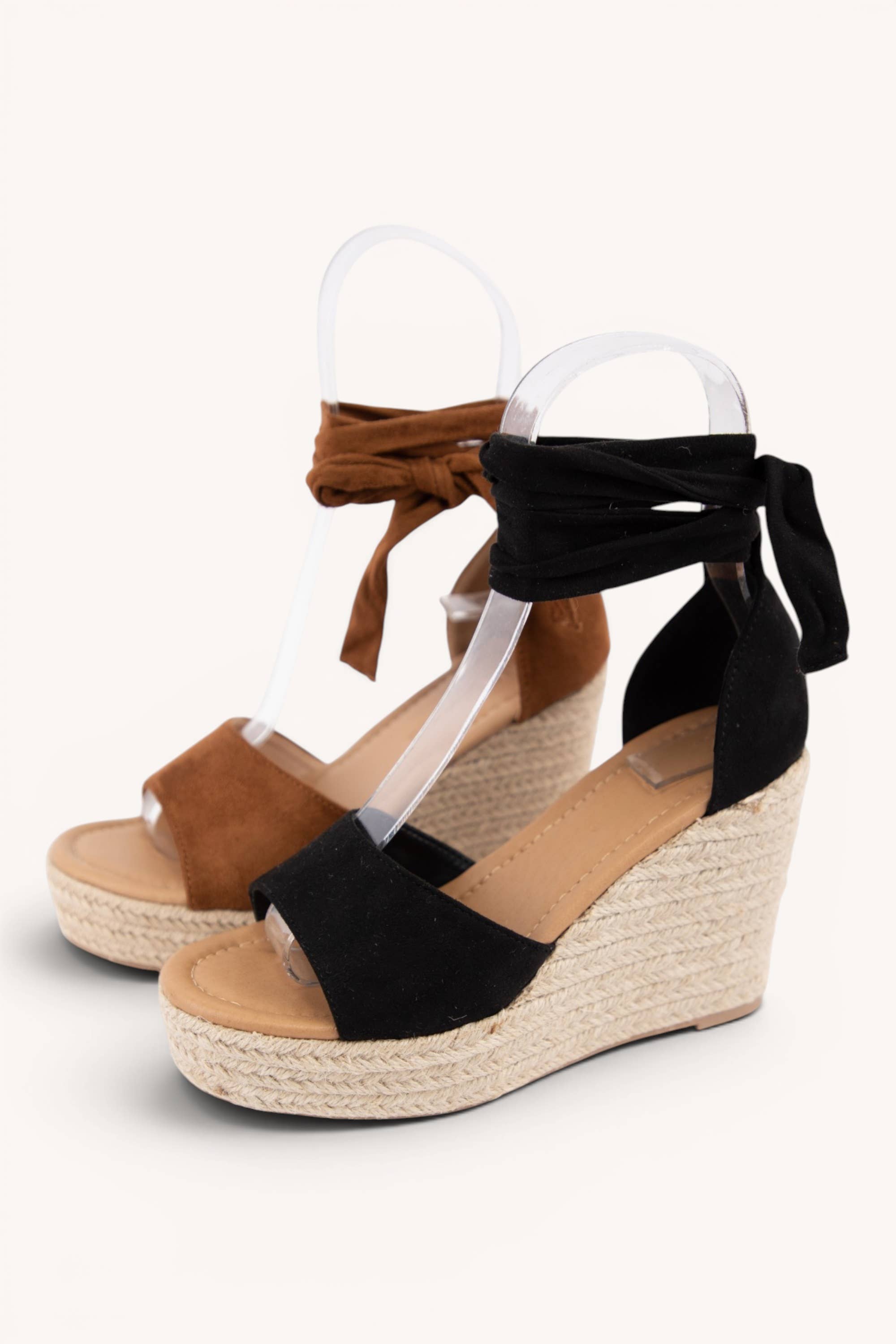CHELLA-42 Summer Tie-Up Espadrille Wedges: BLACK / A12