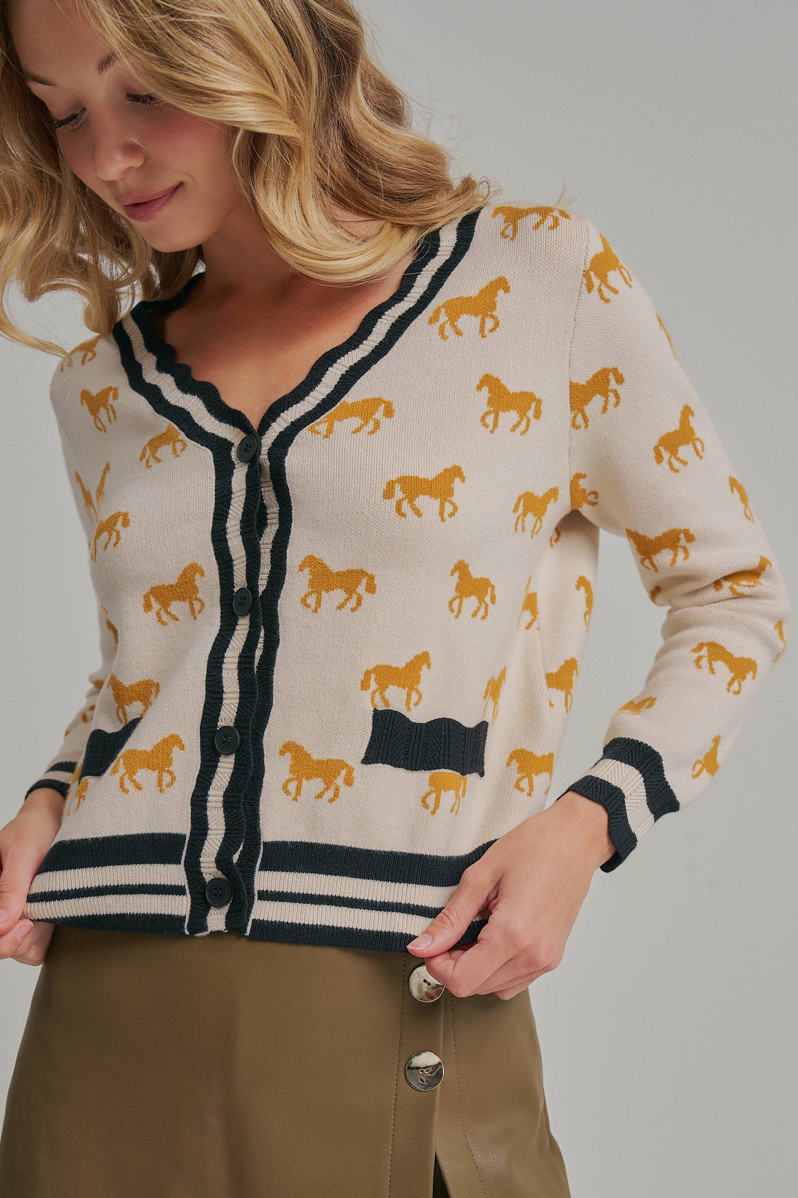 SUPER SOFT HORSE PRINT KNIT CARDIGAN_JLT00386-01: OATMEAL COMBO / S-M-L(2-2-2)