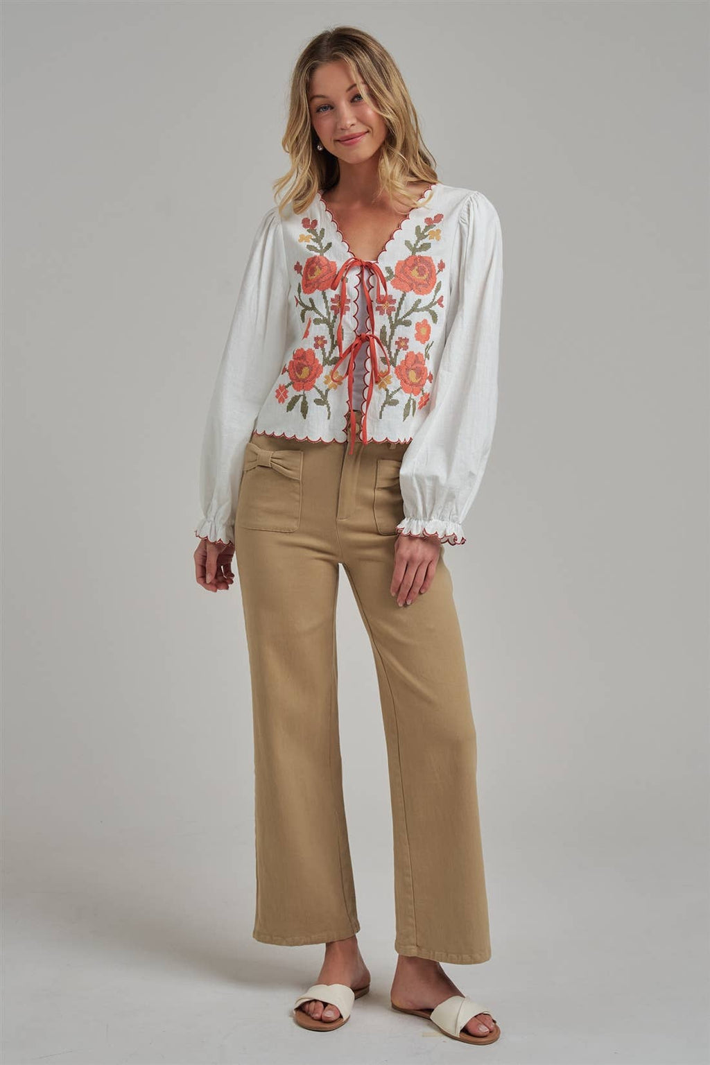 WIDE LEG STRETCH PANTS WITH BOW FRONT POCKETS