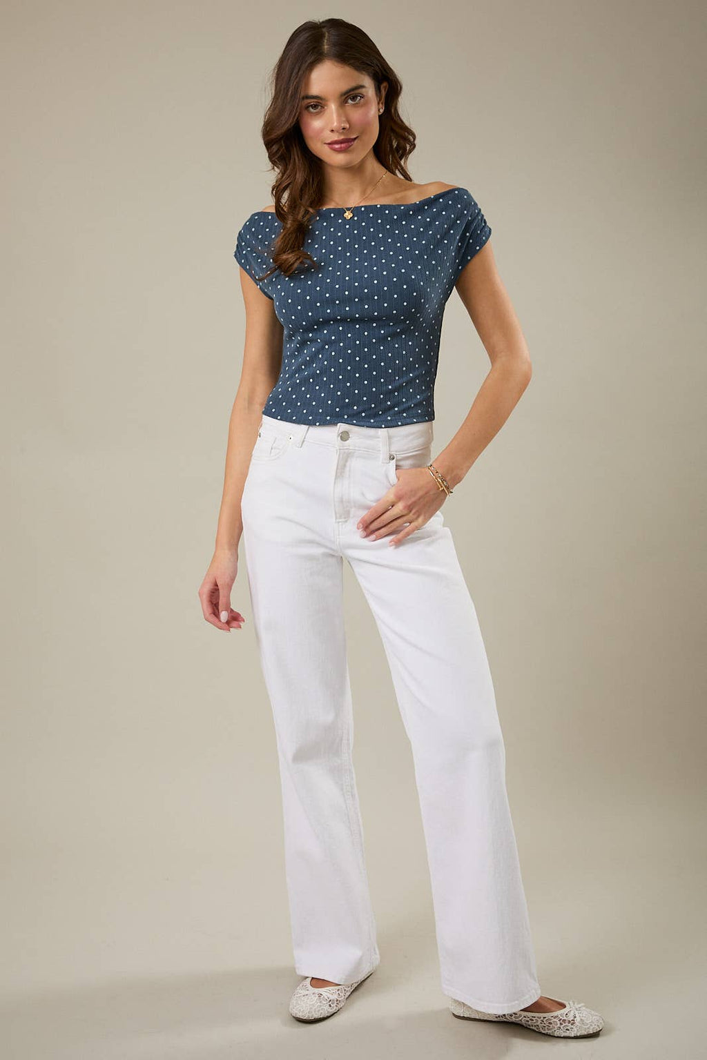 SLOUCHY SHOULDER SLEEVELESS POLKA DOT RIB TOP: INDIGO-WHITE DOT / M