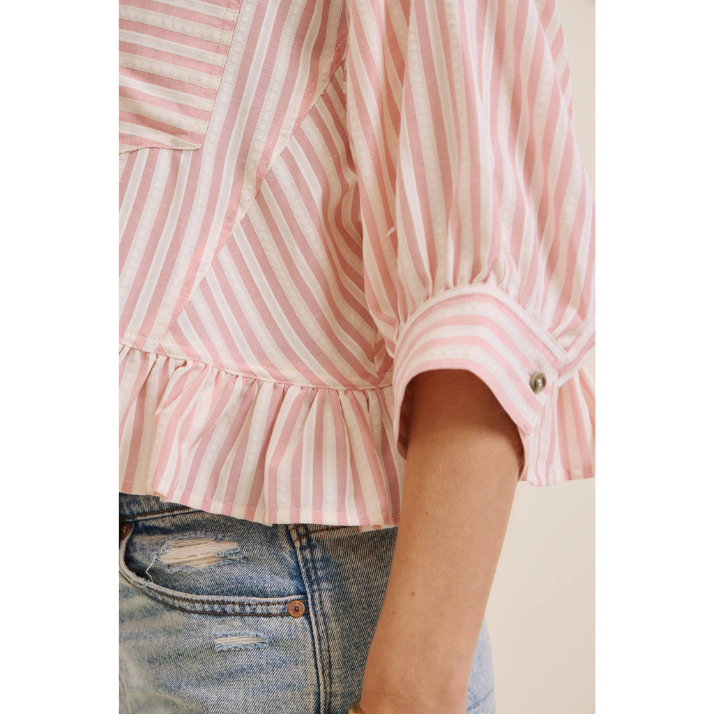 YEAR-ROUND CLASSIC COTTON STRIPE BUTTON-DOWN PEPLUM SHIRT: CLOVER GREEN / S