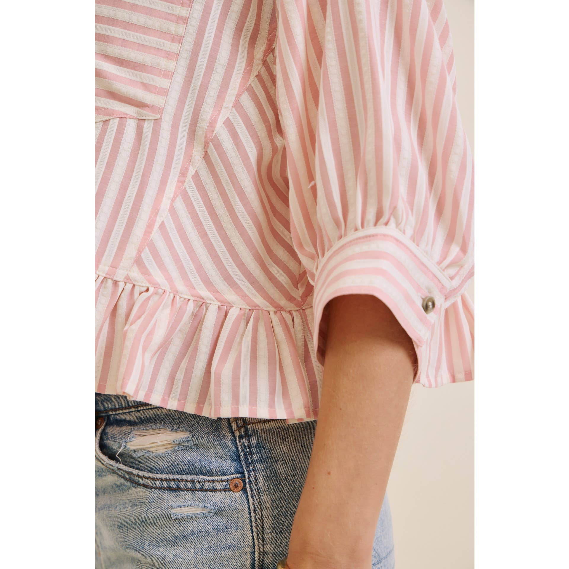 YEAR-ROUND CLASSIC COTTON STRIPE BUTTON-DOWN PEPLUM SHIRT: CLOVER GREEN / L