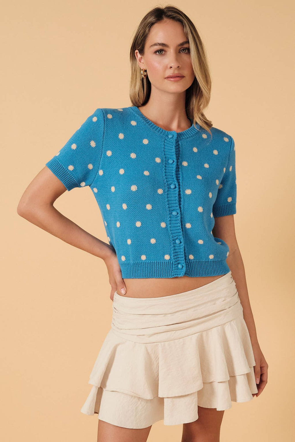 ROUND NECK BUTTON DOWN POLKA DOT SWEATER CARDIGAN: BROWN-CREAM DOT / L