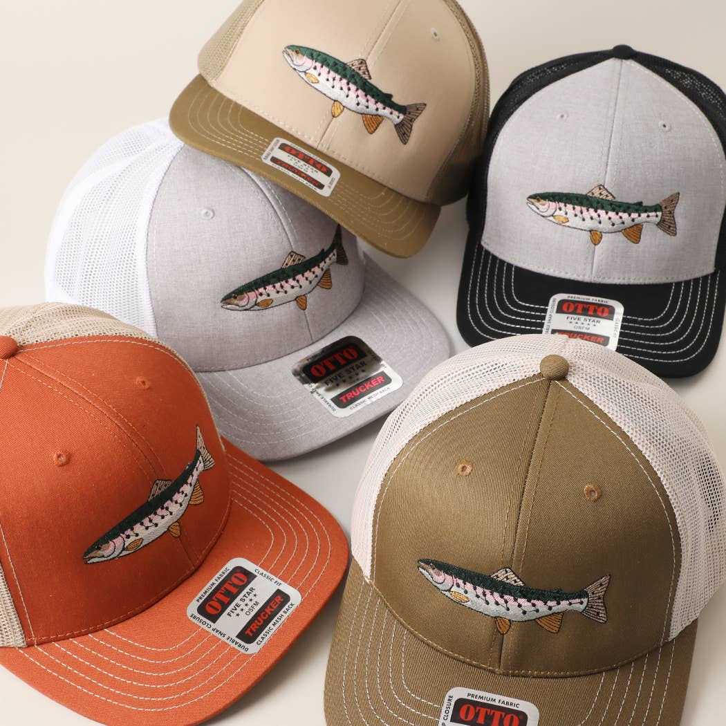Rainbow Trout Fish Embroidered Mesh Back Trucker Hat: Coy.Brn/Coy.Brn/Lt.Khk / ONE SIZE