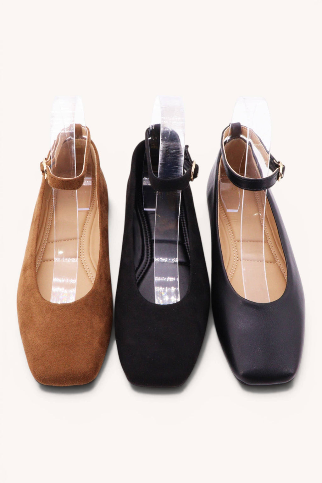 GLOBAL-25X Ankle Strap Ballet Flats with Square Toe: TOBACCO SU / A12