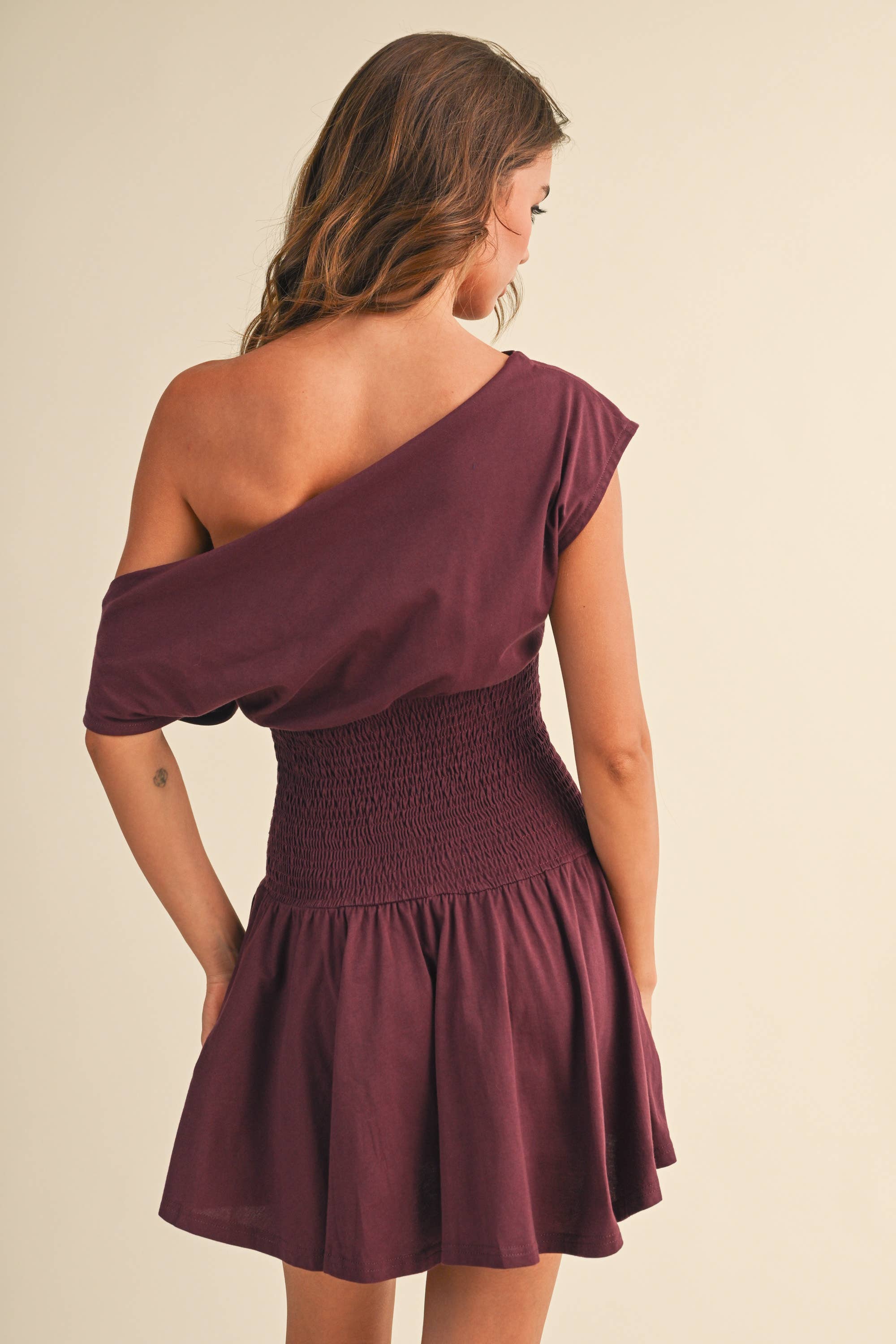 OFF SHOULDER SMOCKED WAIST MINI DRESS
