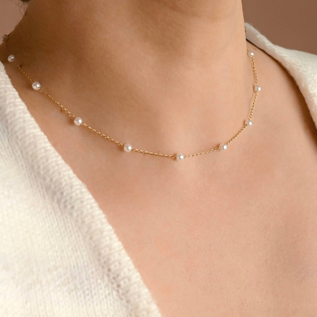 Dainty Gold Pearl Station Necklace