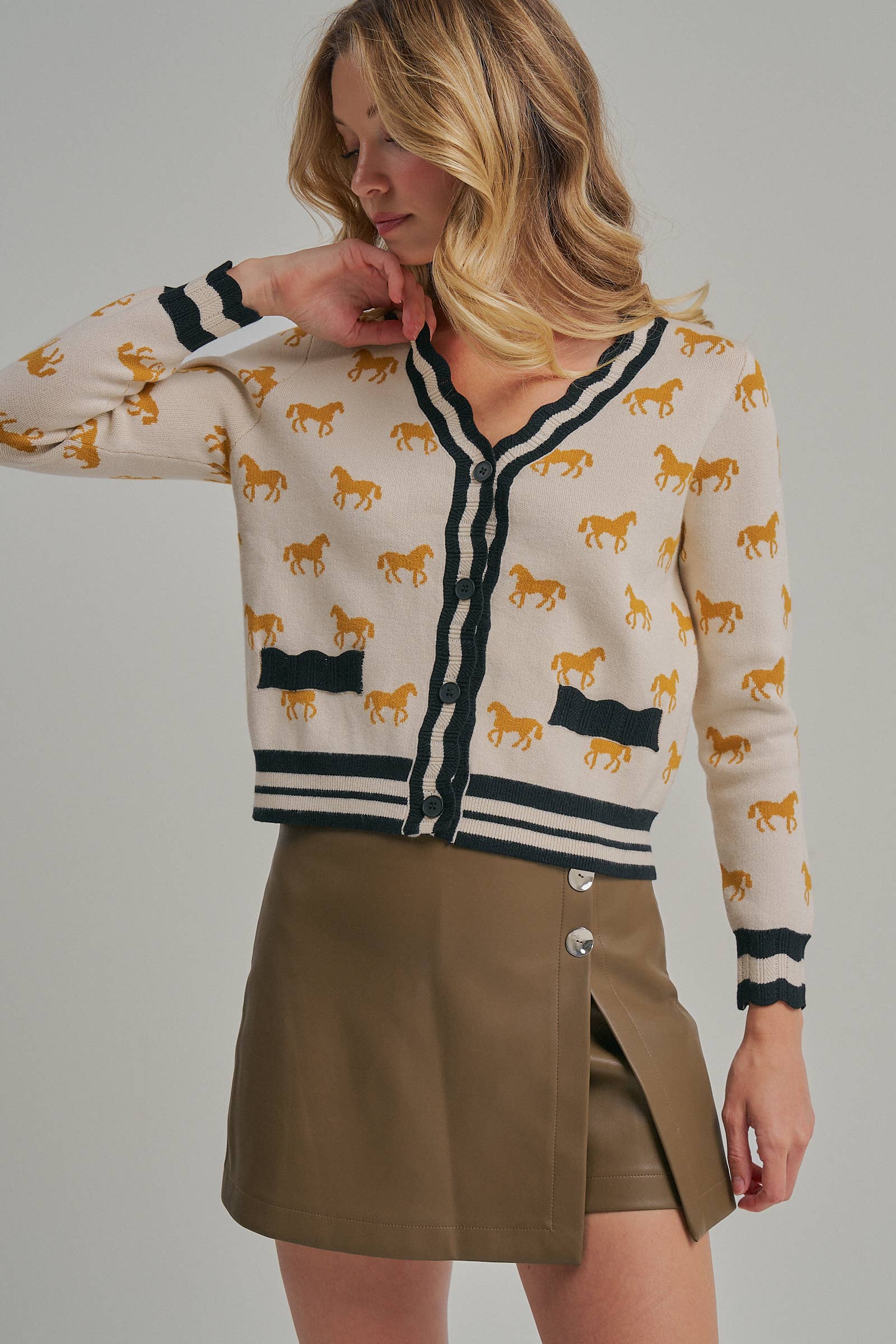 SUPER SOFT HORSE PRINT KNIT CARDIGAN_JLT00386-01: OATMEAL COMBO / S-M-L(2-2-2)