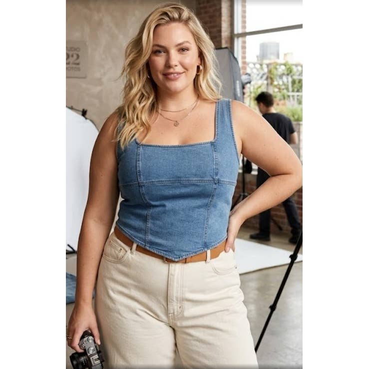 PLUS SIZE DENIM SQUARE NECK CORSET STYLE TANK TOP: Light Wash / 1X