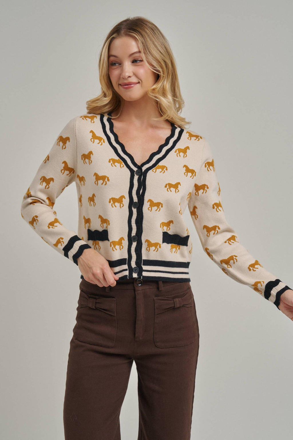 SUPER SOFT HORSE PRINT KNIT CARDIGAN_JLT00386-01: OATMEAL COMBO / S-M-L(2-2-2)