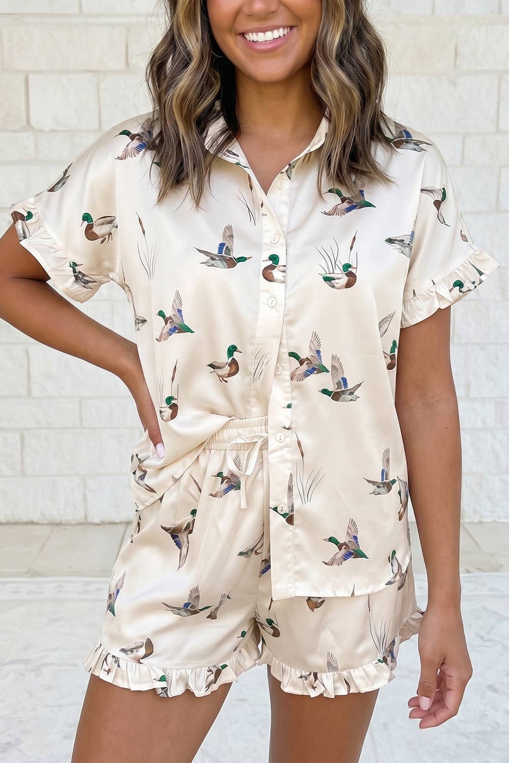 Mallard Print Ruffle 2 Pcs Sleepwear Set: Beige