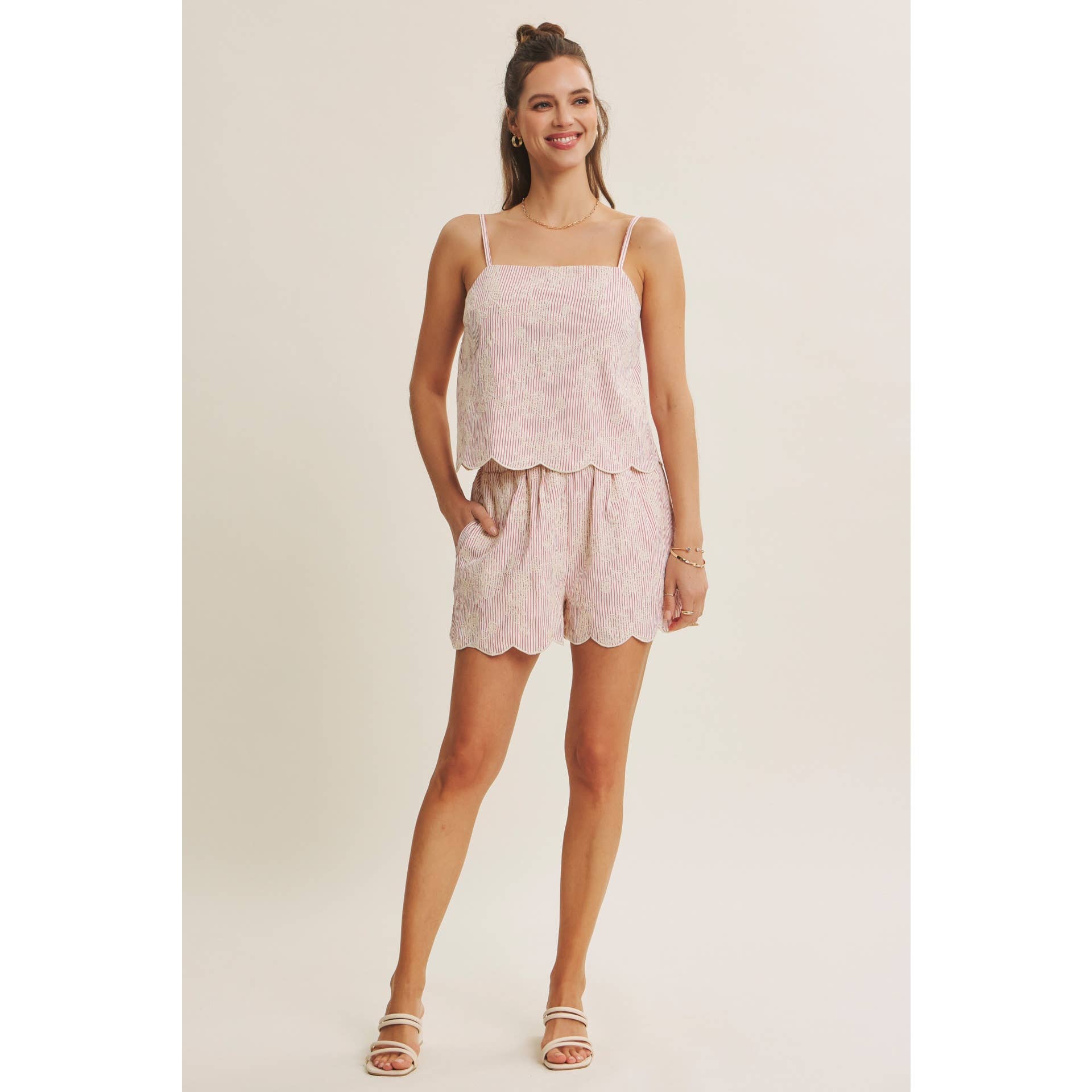 VERSATILE SUMMER STAPLE STRIPE EMBROIDERED SCALLOP TANK TOP