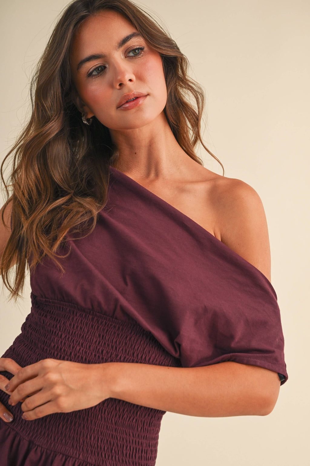 OFF SHOULDER SMOCKED WAIST MINI DRESS