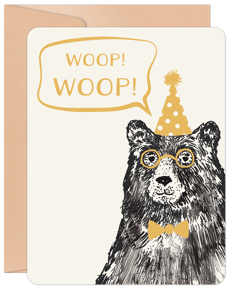 Woop Woop Bear Wearing Party Hat and Glasses Birthday Card