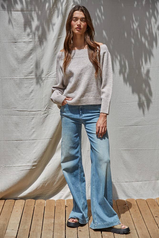 W2248 | Knit Sweater Off The Shoulder Pullover : Heather Light Mocha / M