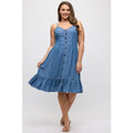 PLUS SIZE DENIM TENCEL BUTTON FRONT RUFFLE HEM MINI DRESS: DENIM BLUE / 1X