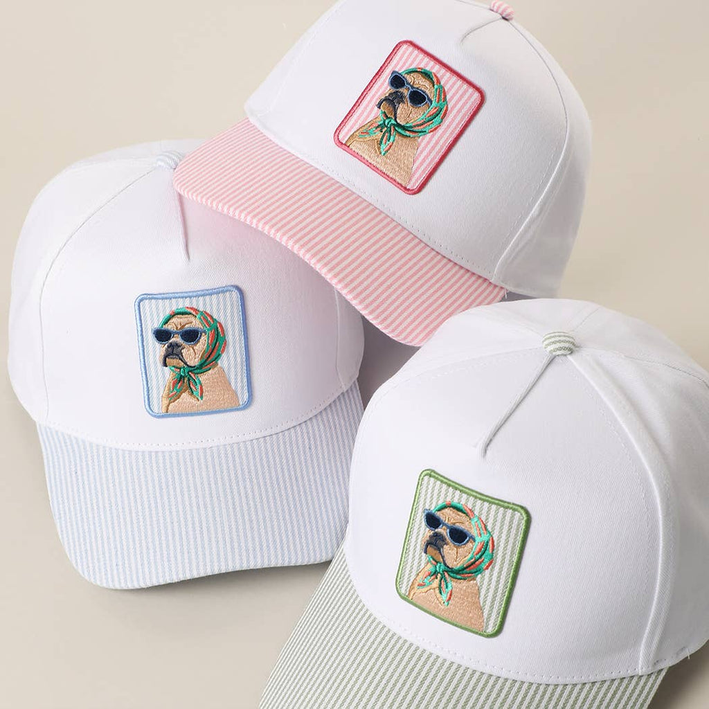 Cool Dog Embroidered Patch Seersucker Brim Baseball Cap: SAGE / ONE SIZE