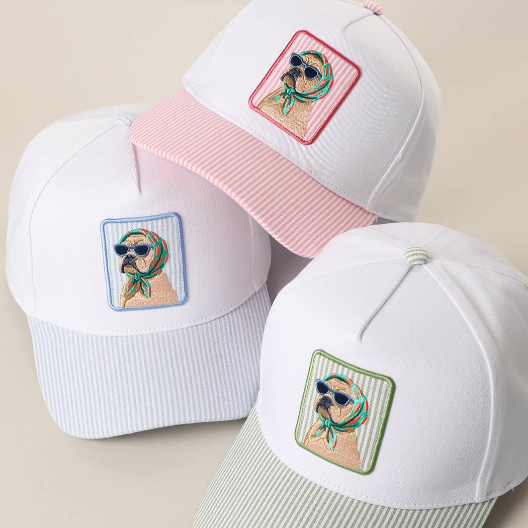 Cool Dog Embroidered Patch Seersucker Brim Baseball Cap: SAGE / ONE SIZE