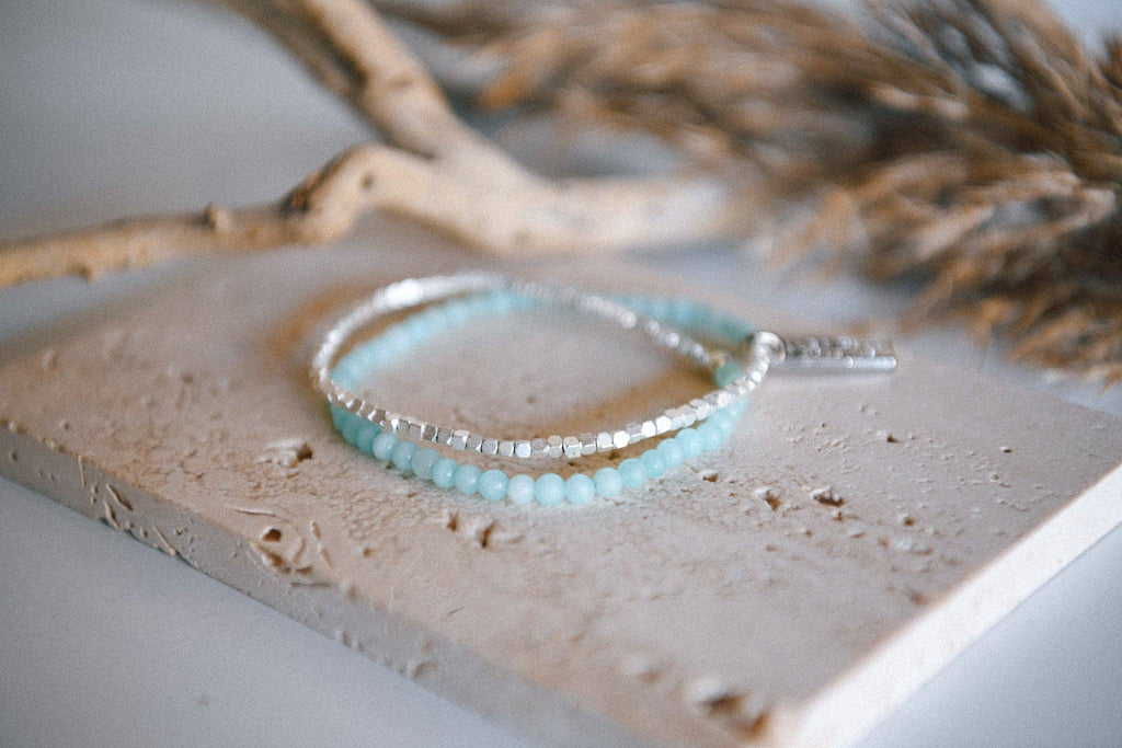 Gemstone Double Wrap Silver Beaded Bracelet : Jade