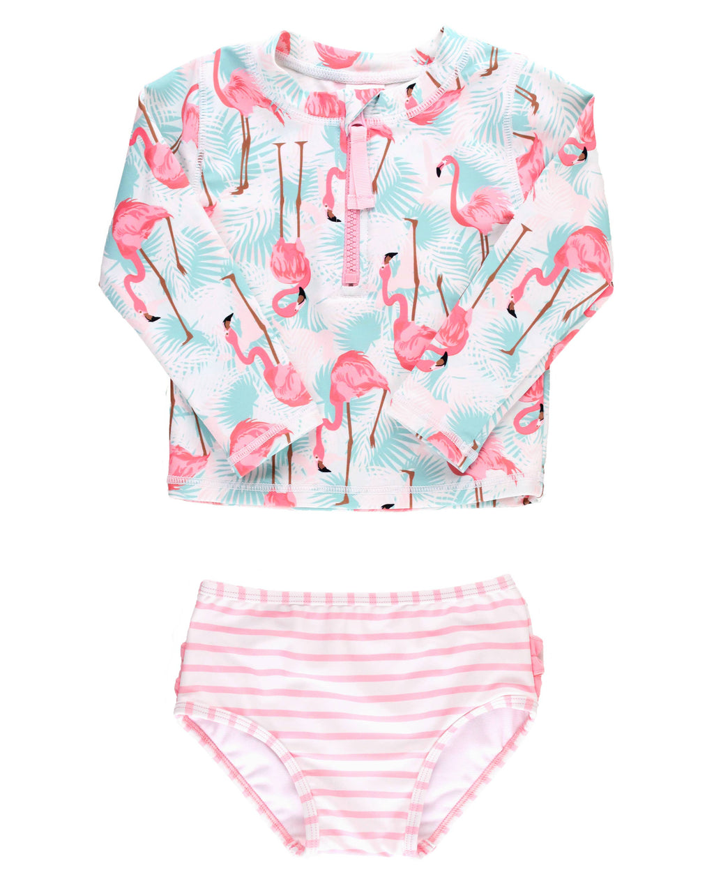 Girls Vibrant Flamingo Long Sleeve Zipper Rash Guard 2-Piece Swimsuit with Signature Rear Ruffles