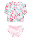Girls Vibrant Flamingo Long Sleeve Zipper Rash Guard 2-Piece Swimsuit with Signature Rear Ruffles